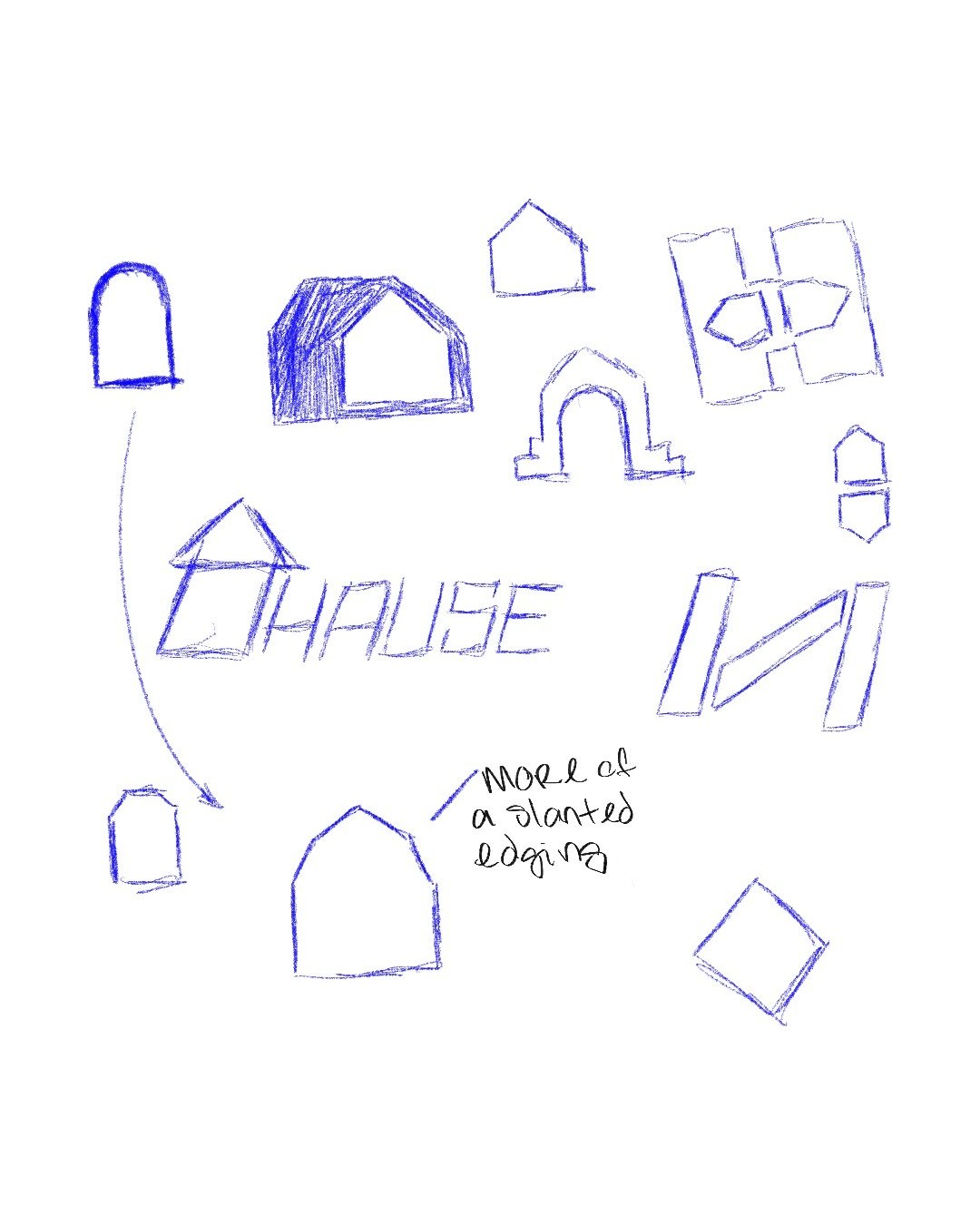 Pen sketches of house-shaped marks and an early HAUSE wordmark, with handwritten notes