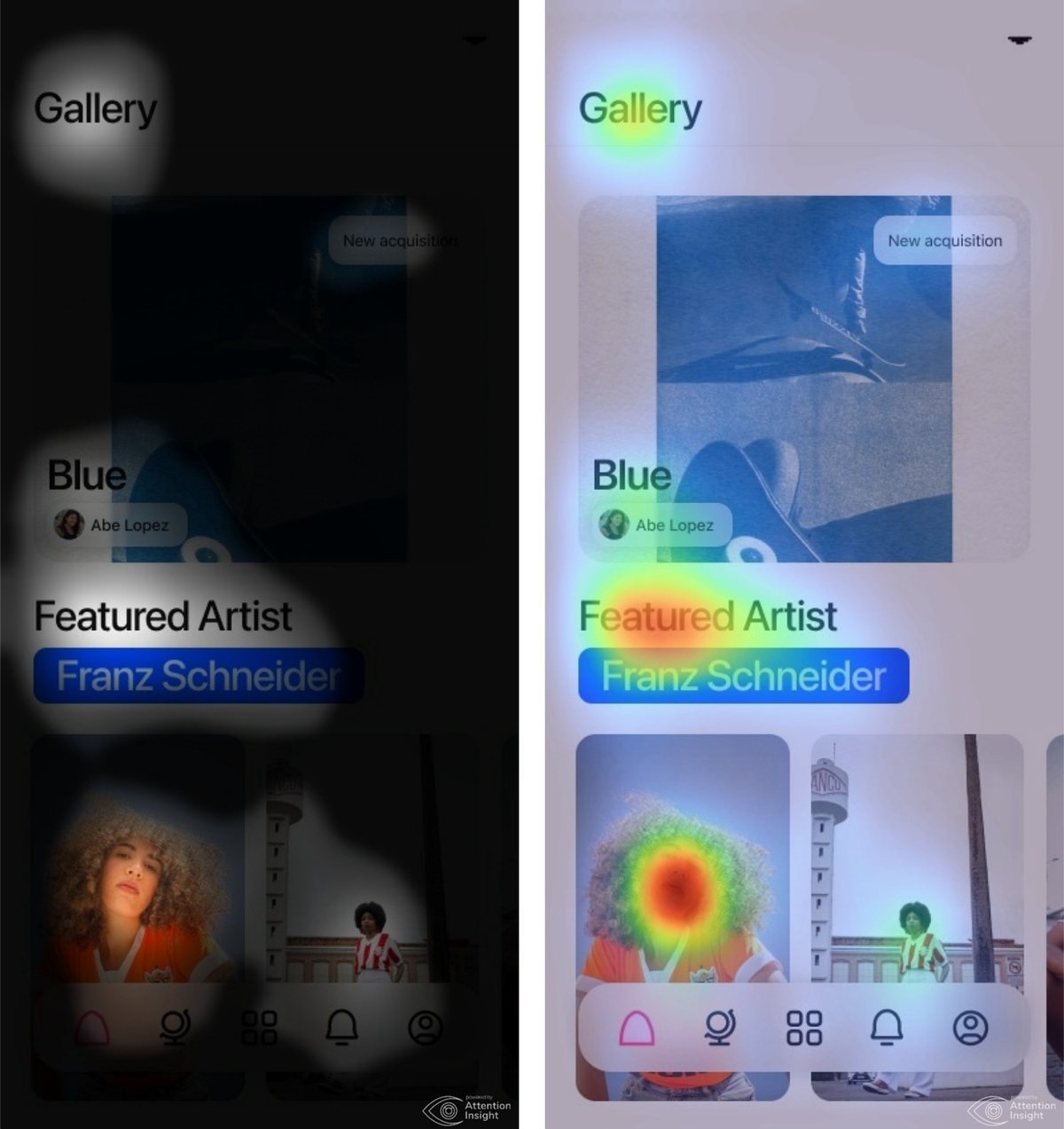 Focus map and predicted heatmap of the Featured Artist screen, hottest on Franz Schneider’s portrait and the blue name label