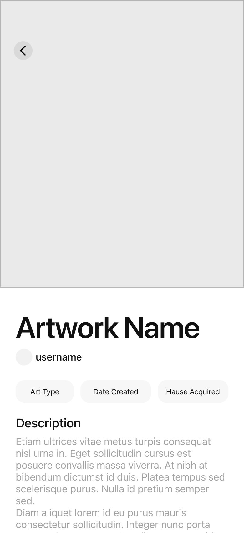 Wireframe of an artwork page: a back arrow above one large gray placeholder