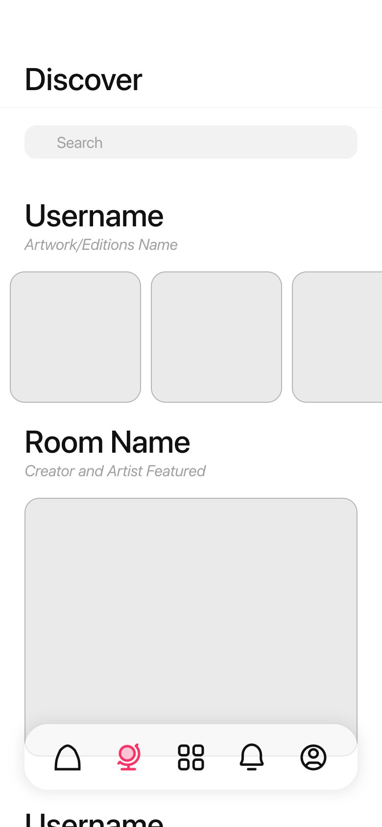 Wireframe of search results: a username, a row of artwork placeholders, and a room