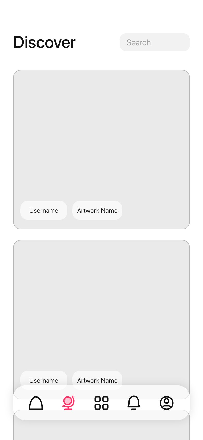 Wireframe of Discover with a search pill and large gray placeholder cards