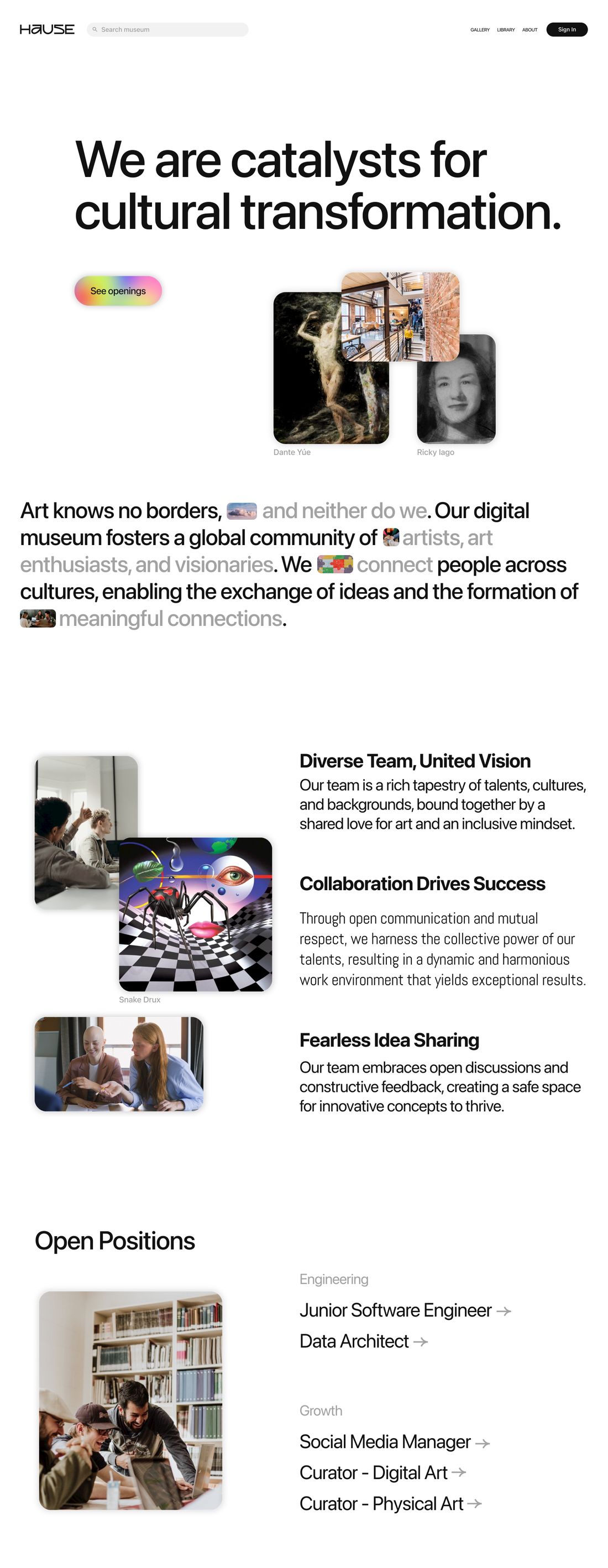 The About page: “We are catalysts for cultural transformation.” followed by team values and open positions