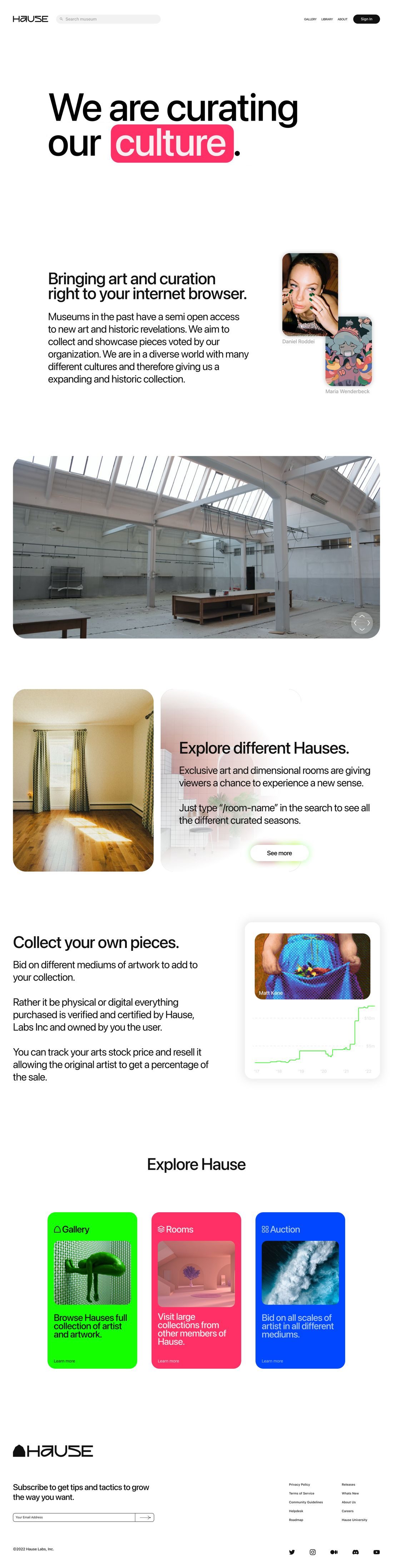 The Hause landing page: “We are curating our culture.” with “culture” highlighted in pink, a gallery photo, room previews, price tracking, and the three wing cards
