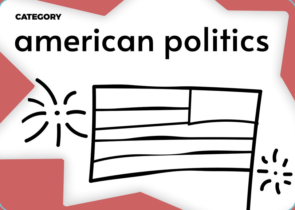Category card: american politics, a flag between bursts of lines, on a white star burst over red