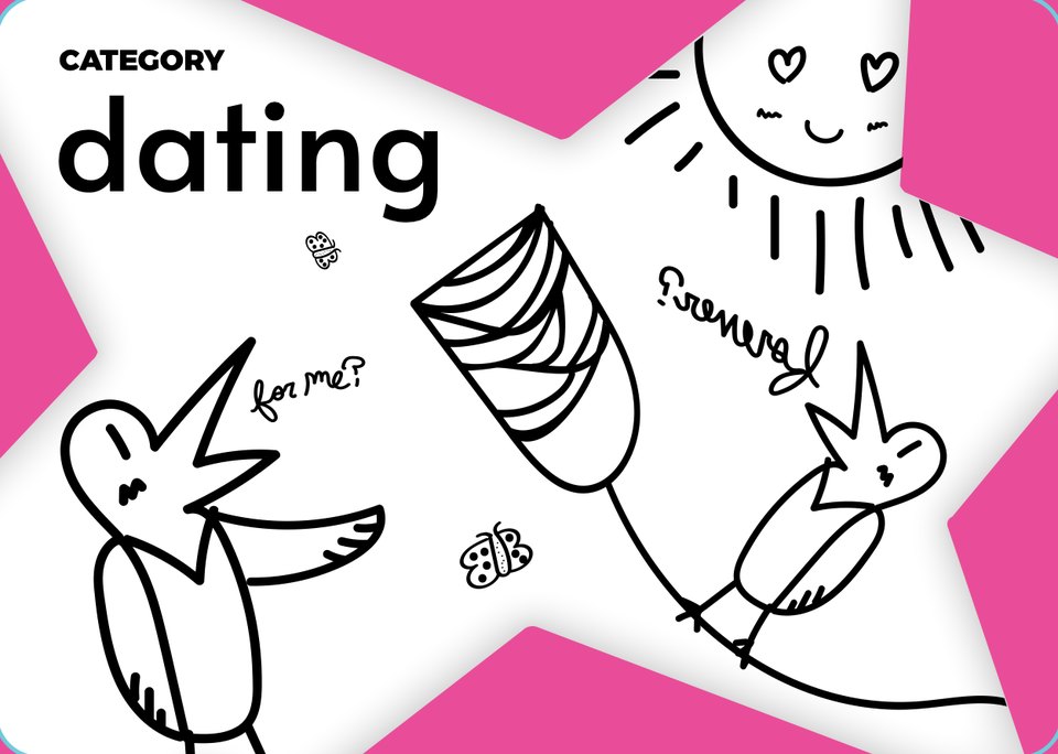 Category card: dating, a bird offering flowers to another under a smiling sun, on a white star burst over magenta