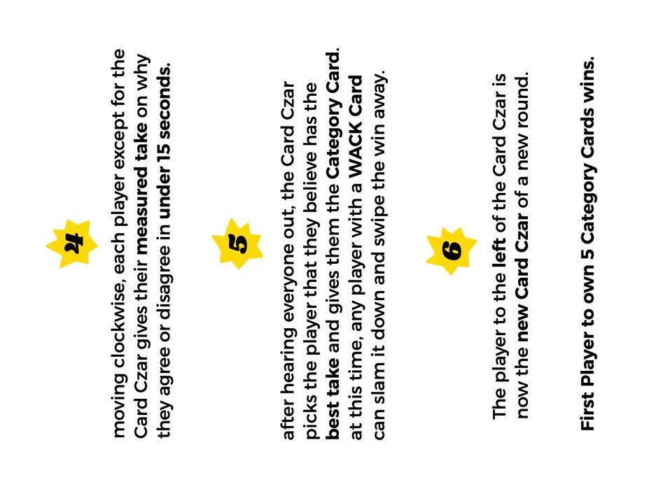 The how to play card’s back: steps 4 to 6, ending “First Player to own 5 Category Cards wins.”