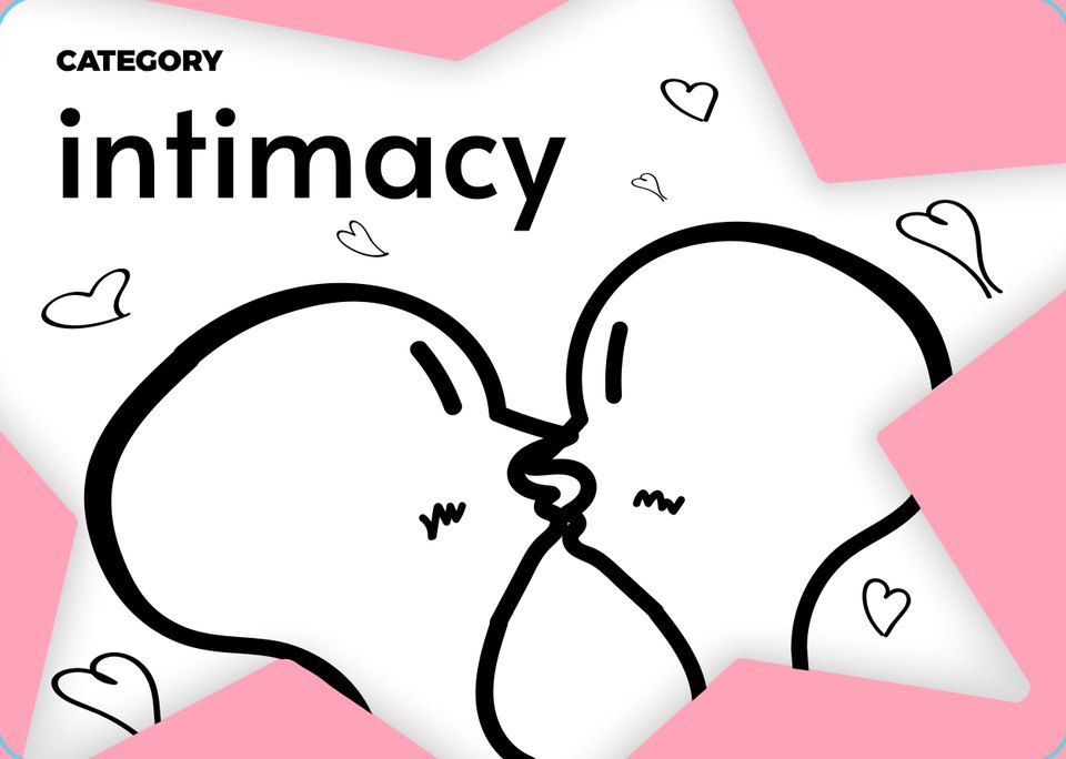 Category card: intimacy, two line-drawn faces kissing among little hearts, on a white star burst over pink