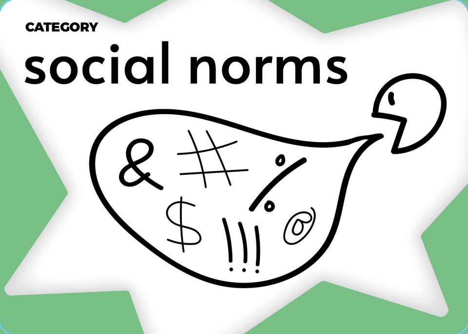 Category card: social norms, a speech bubble full of scribbled symbols, on a white star burst over green