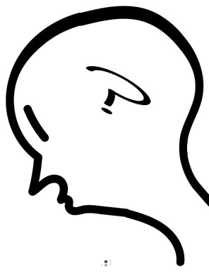 A bald head in profile with a small question mark where the eye would be